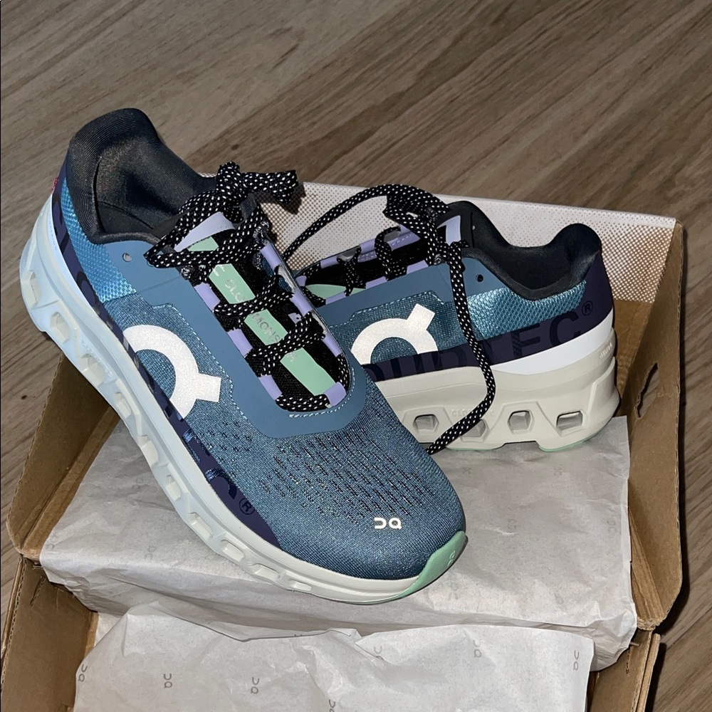 On Running Sneakers in Blue and White with Black Accents